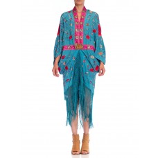 Morphew Collection Aqua Blue & Pink Silk Embroidered Floral Cocoon With Fringe Art Deco Jewel Clasp