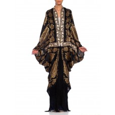 Morphew Collection Black, Gold & Cream Metallic Silk Lamé Cocoon With Fringe And Silver Vintage Clasp