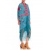 Morphew Collection Aqua Blue & Pink Silk Embroidered Floral Cocoon With Fringe Art Deco Jewel Clasp