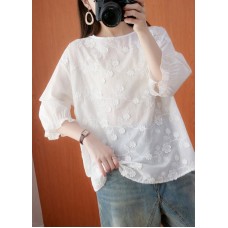 Plus Size White Jacquard Half Sleeve Cotton Blouse Top Summer