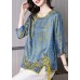 French Blue O-Neck Asymmetrical Jacquard Silk Top Half Sleeve