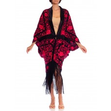 Morphew Collection Black & Red Silk Embroidered Floral Cocoon With Fringe