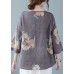 Style Grey V Neck Print Blouses Half Sleeve