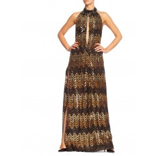 MORPHEW COLLECTION Copper & Gold Backless Disco Gown With Slit Made From 1970S Sequin Fabric