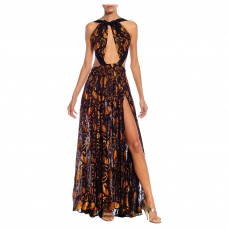 Morphew Collection Black & Orange Rayon/Lurex Fil Coupé Metallic Cut-Out Backless Gown