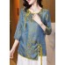 French Blue O-Neck Asymmetrical Jacquard Silk Top Half Sleeve