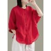 Art Red O-Neck Button Linen Loose Shirt Top Lantern Sleeve