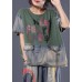 French green alphabet prints cotton blouses for women patchwork cotton summer blouses