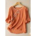 Women Orange V Neck tie waist Embroideried Linen Shirt Top Spring