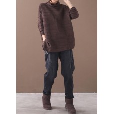 Comfy chocolate clothes high neck thick Loose fitting knitted blouse