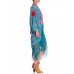 Morphew Collection Aqua Blue & Pink Silk Embroidered Floral Cocoon With Fringe Art Deco Jewel Clasp