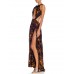 Morphew Collection Black & Orange Rayon/Lurex Fil Coupé Metallic Cut-Out Backless Gown