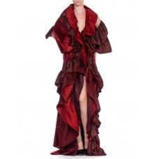 MORPHEW ATELIER Cranberry Red Silk & Rayon Duchess Satin Taffeta Asymmetrically Draped Dramatic Opera Coat Gown