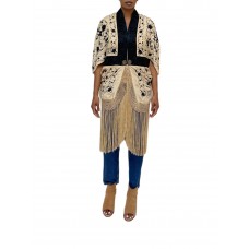 Morphew Collection Cream & Black Silk Hand Embroidered Floral Cocoon With Fringe